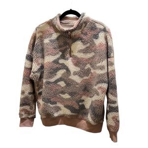 Grayson Threads Camo Pink Beige Sherpa Fuzzy Quarter Zip Jacket Womens Size XL